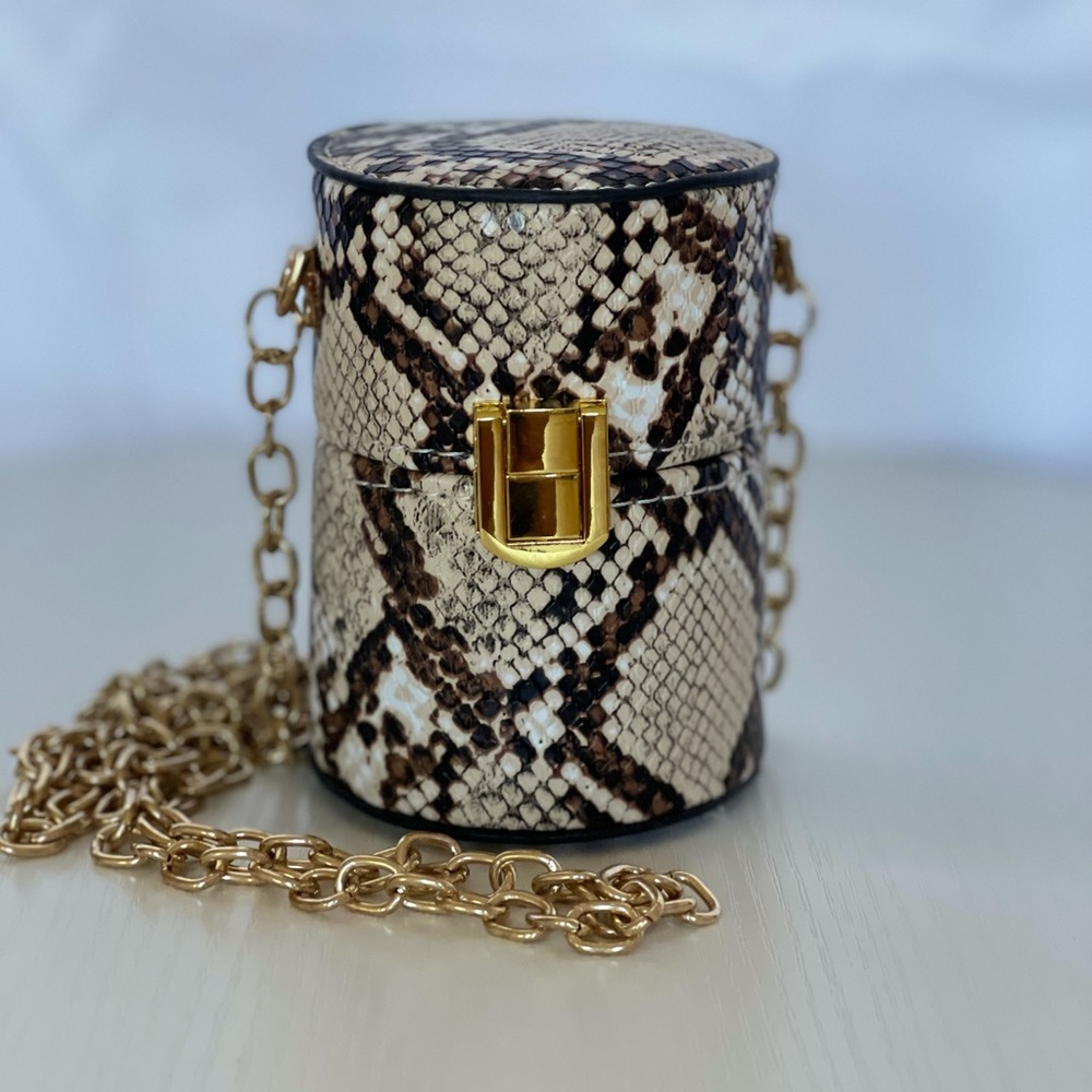 Snakeskin Print Cylindrical Bucket Bag